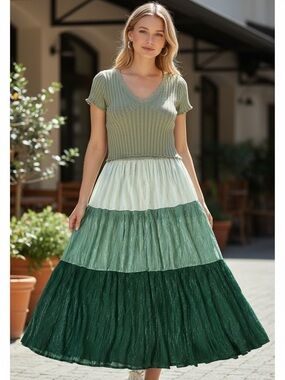 NWT 2 Pc Sage Green Knit Crop Top Ombré Tiered Maxi Skirt Set Boho Cottagecore L